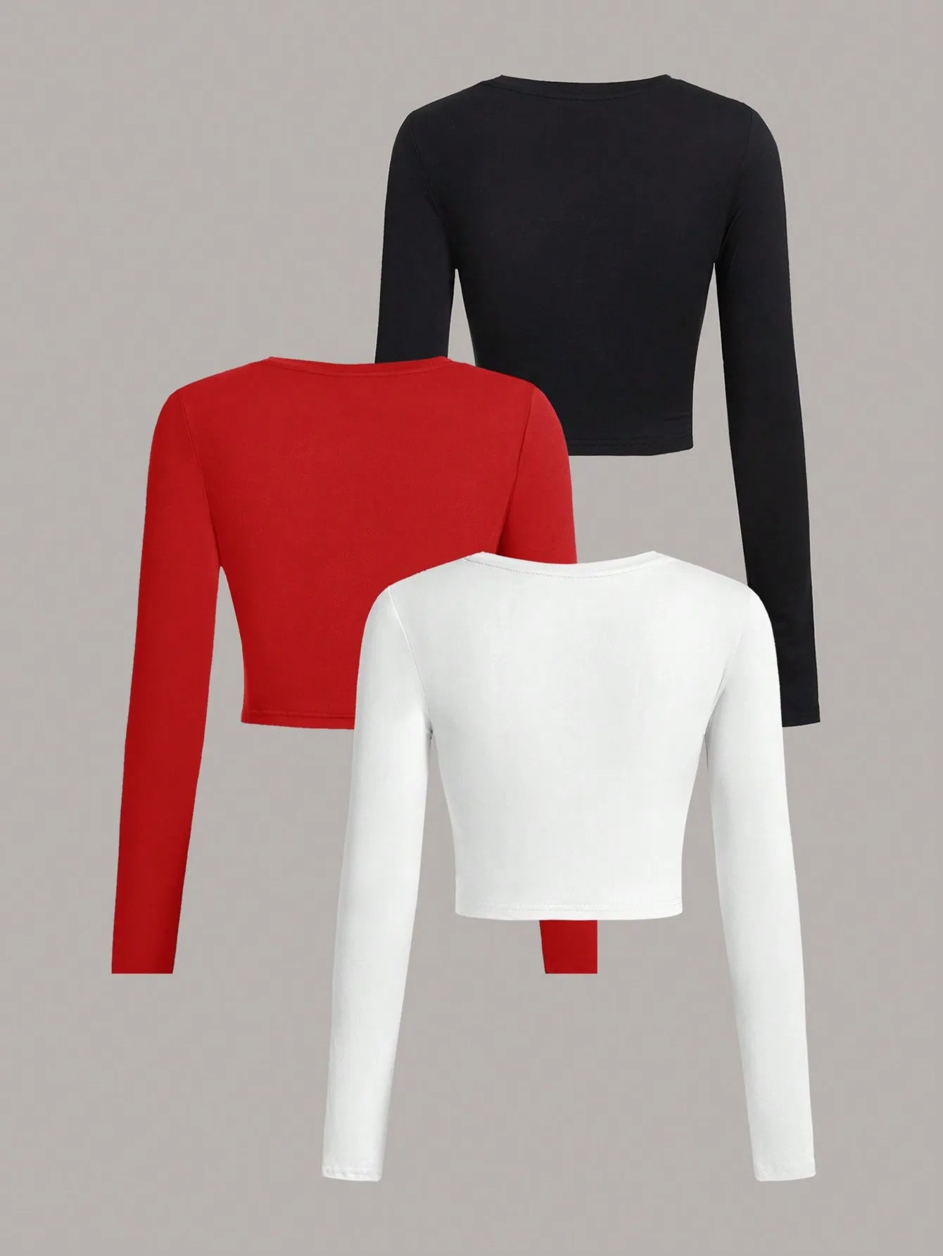 3 Pieces Solid color Woman T-shirt O-neck long Sleeve crop tops for women girls sexy street wear top tees