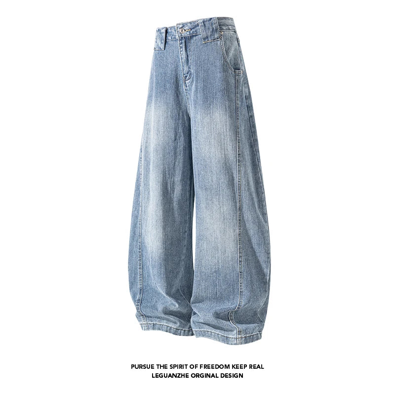 Retro Distressed Wide Leg Curved Jeans Men Y2K Hip Hop Baggy Denim Pants Streetwear Casual Trousers