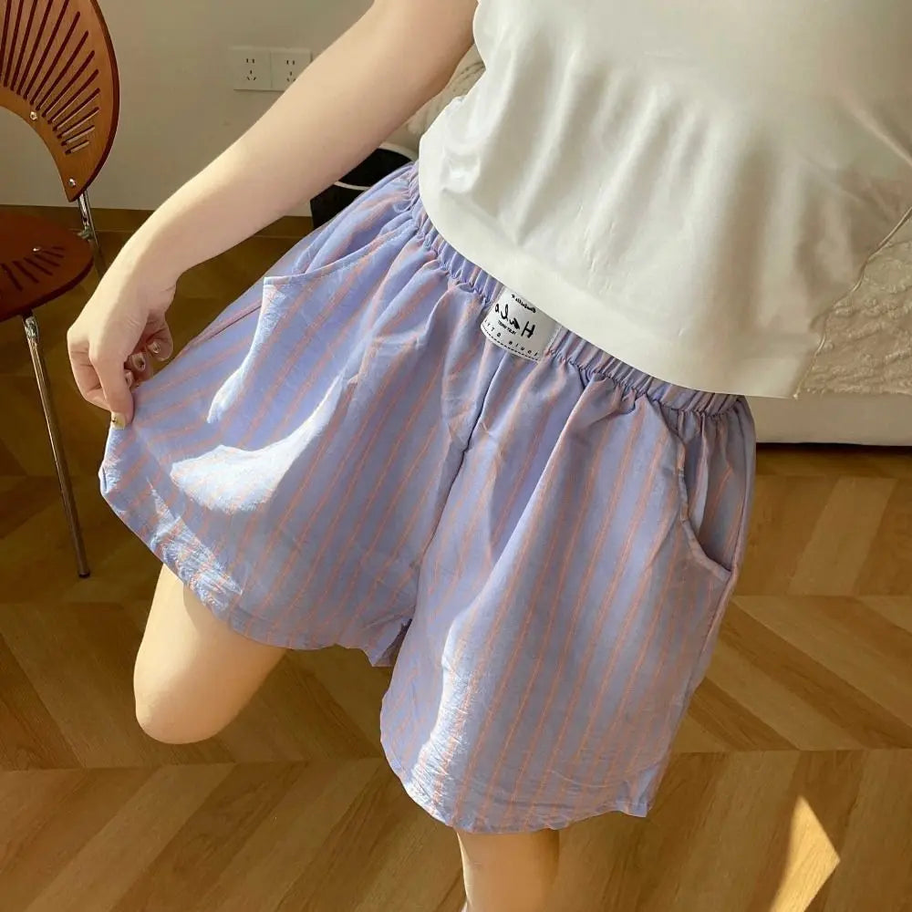 Comfortable Spring Summer Casual Shorts Women Chic High Waist Stripe Short Pants Baggy Elastic Waistband Thin Loose Shorts Women