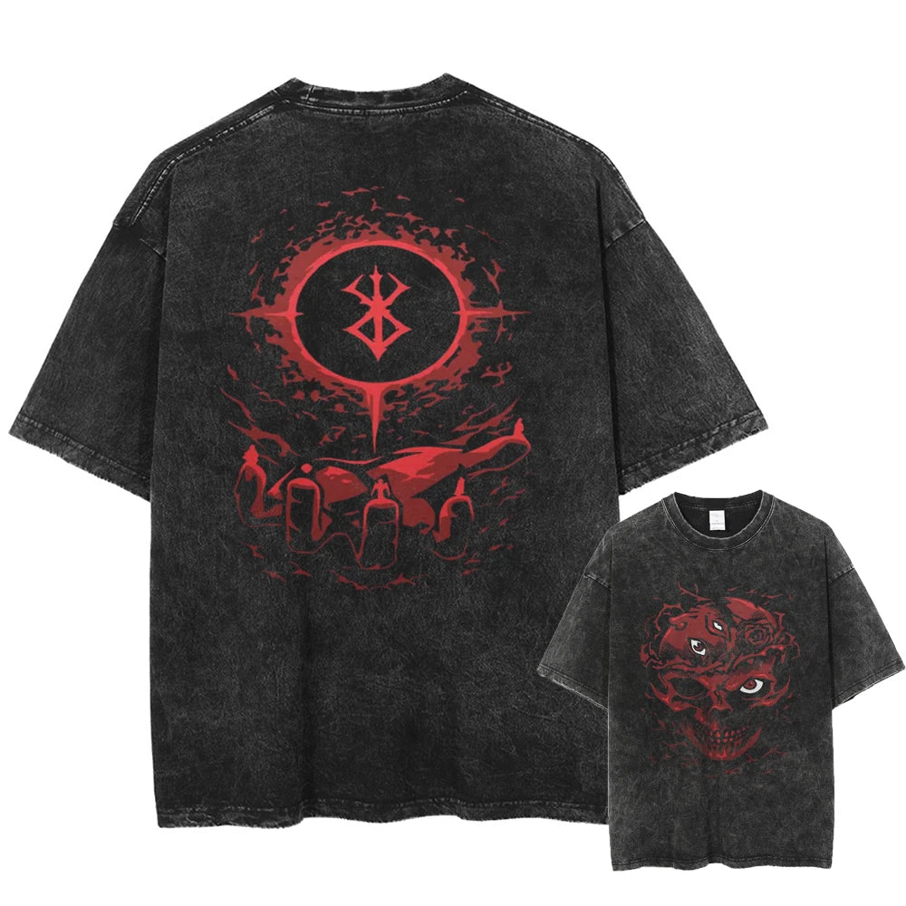 Anime Berserk Guts Printed Washed T-shirt Men Manga Street Tshirts Washed Cotton Harajuku Male Vintage Gothic Tops T Shirt