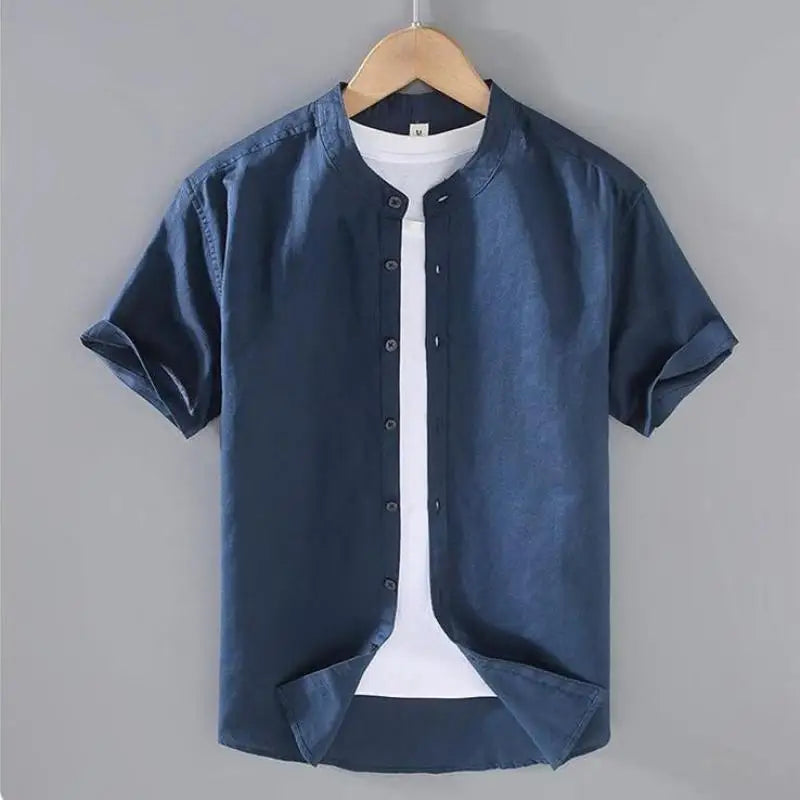 Men's Cotton Linen Short-Sleeved Shirt Summer Streetwear Plain Color Stand Collar Casual Beach Style plus Size M-3XL
