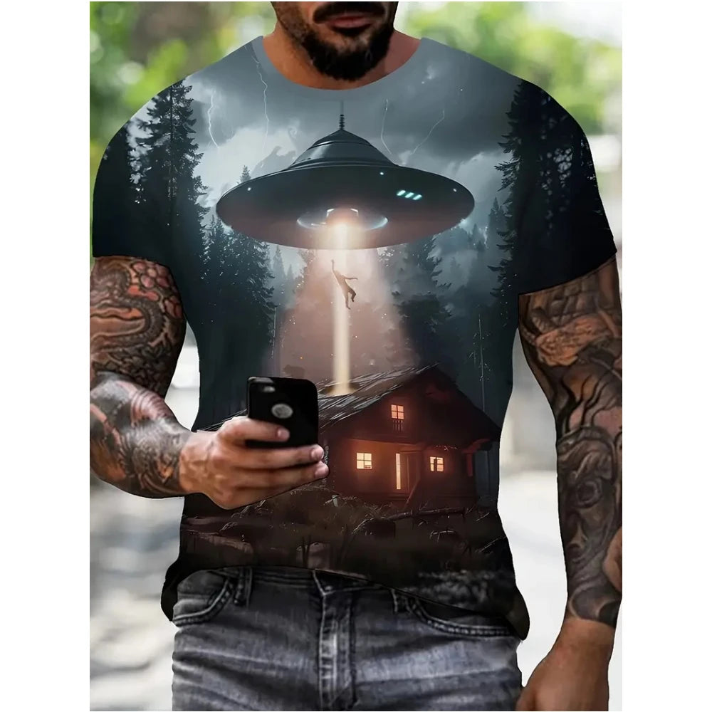 Ufo Spaceship Men's T-Shirt Fashion Printed Men's Short Sleeve Simple Casual Tops Outdoor Breathable Quick Drying Men's Clothing