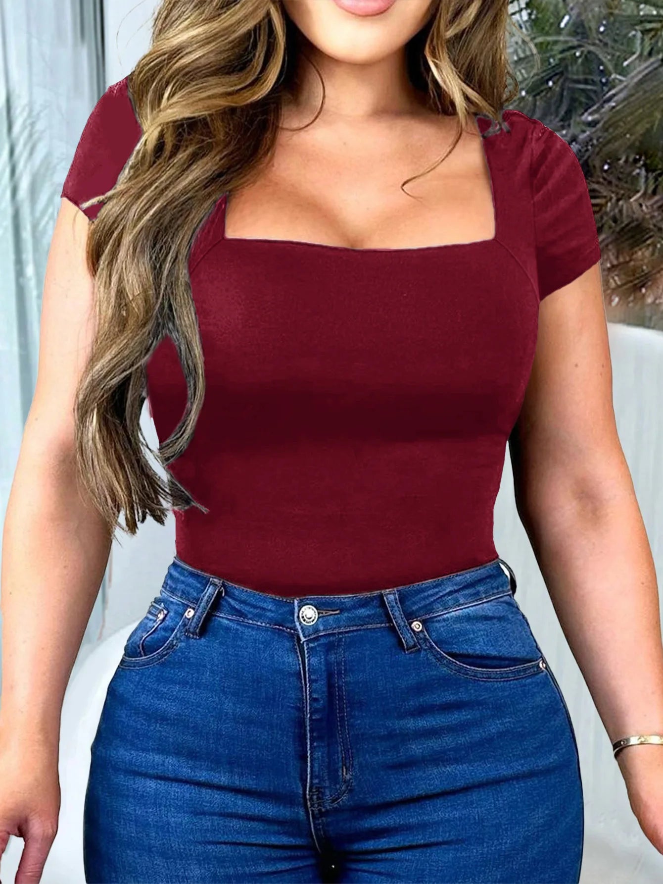 New Arrival Hot Seller 2024 Spring/Summer T-Shirt Women's Casual Square Neck Solid Color Slim-Fit Crop Top Short Sleeve