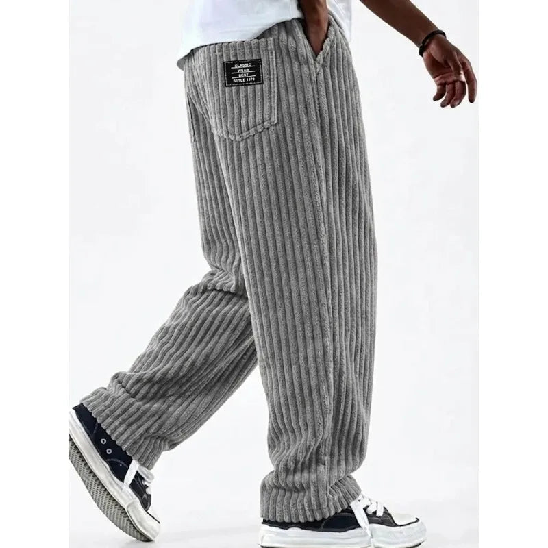 Retro Vertical Striped Men's Pants Corduroy Casual Pocket Trousers Loose Baggy Pants Straight Sweatpants Outdoor Streetwear