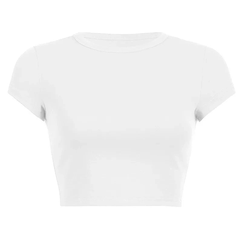 Summer Casual Short Sleeve Basic O Neck Solid Color Cropped Navel Women Crop Tops Soft Bodycon Fashion Tees Blouse