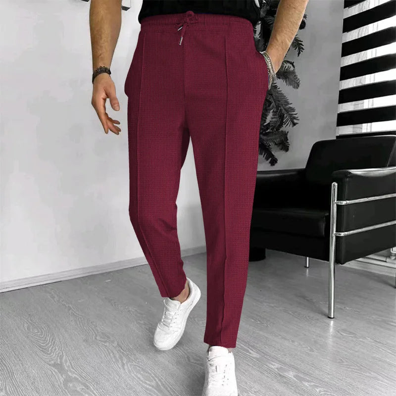 Men Waffle Knit Slim Fit Pants Drawstring Trousers With Pockets Stylish Design Spring Autumn Outdoor Travel Daily Street Wear
