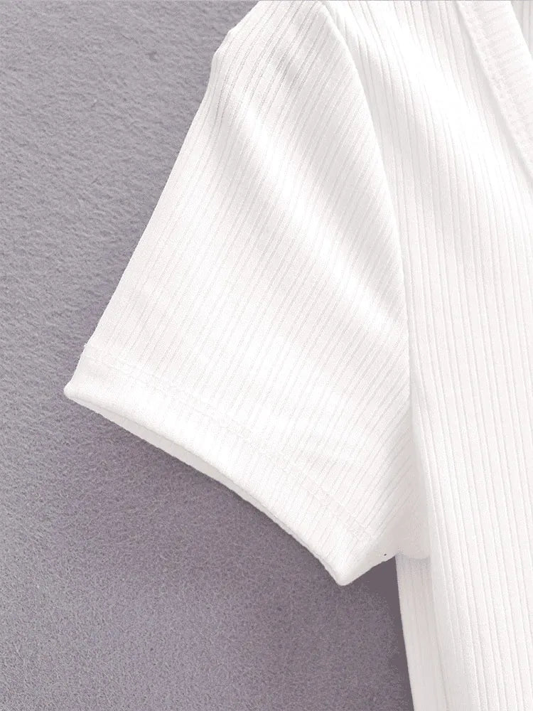 Women Rib Button Through Short Sleeve Top