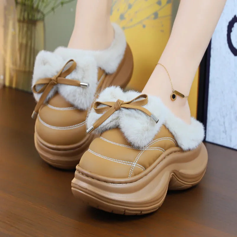 New fuzzy house slippers woman sweet furry cat designer mary janes shoes for women thick sole home slipper floor shoes bedroom