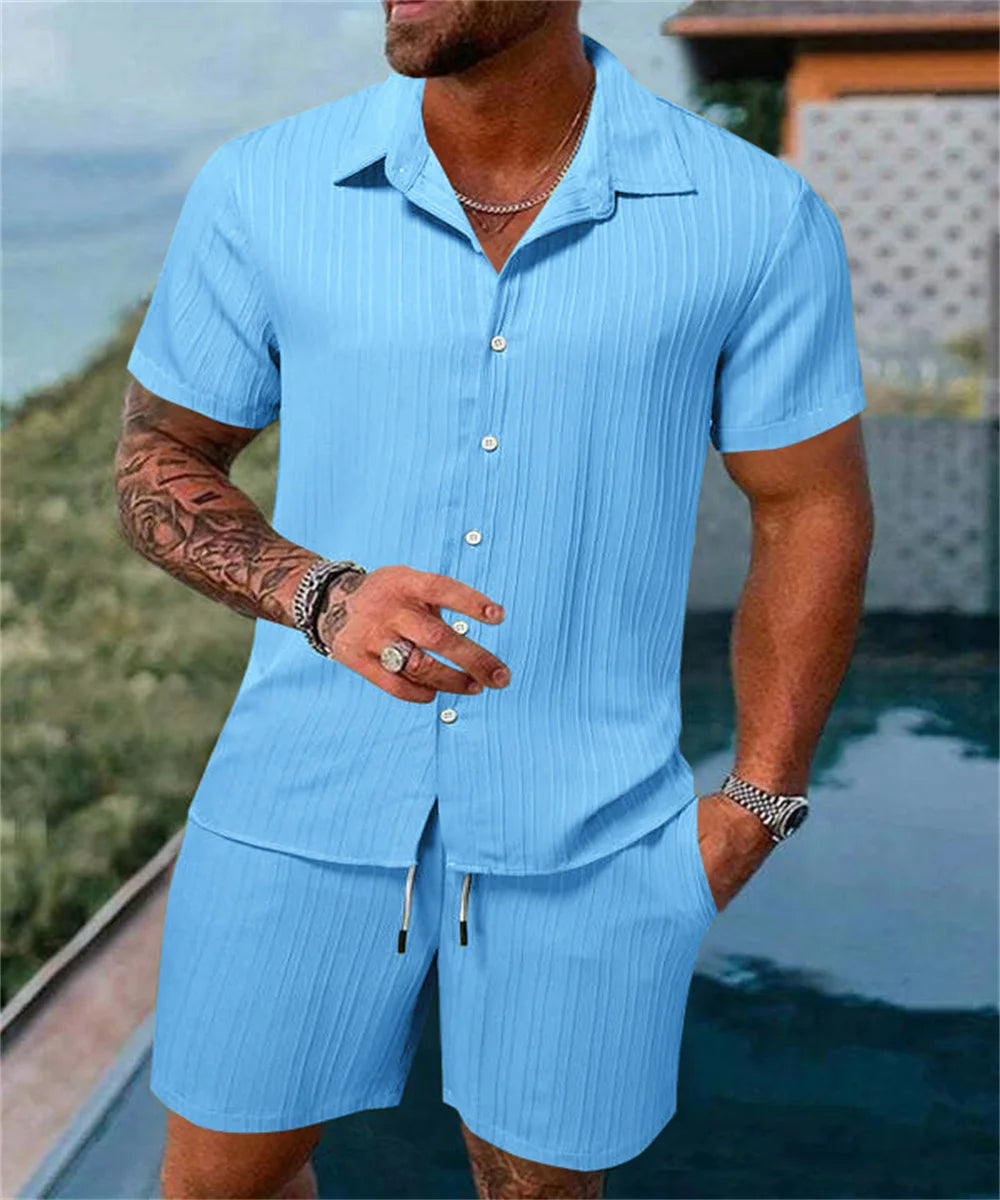 2024 New style Summer Men's Fashion Beach Suit Outdoor Sports Casual Shirt Solid color Loose Short Sleeve Shorts Beach two-piece