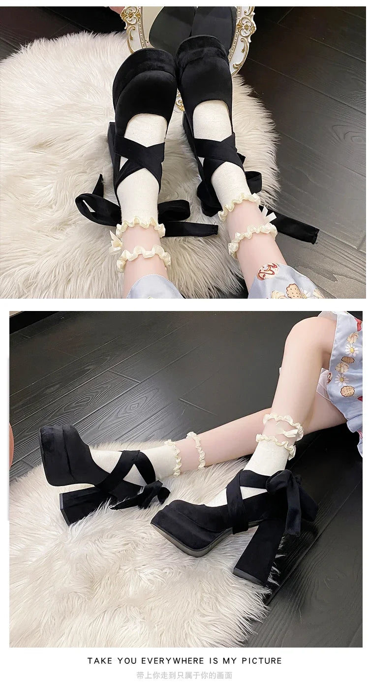 Platform Mary Janes Shoes Women Suede Luxury High Heel Lace Up Trend Lolita Shoes Elegant Chunky Party Pumps Sandalias Muje