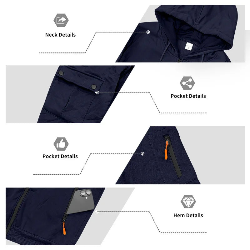 Men's Full Zip Hooded Tracksuit 2 Piece Set Casual Cargo Pocket Jogger Suit Outdoor Sports Hoodie And Pants Set