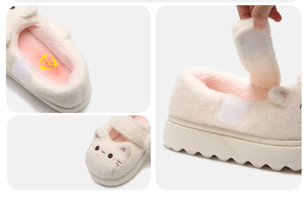 New fuzzy house slippers woman sweet furry cat designer mary janes shoes for women thick sole home slipper floor shoes bedroom