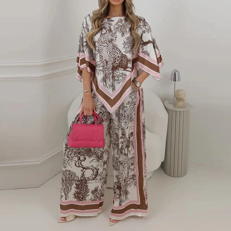 New Elegant Shawl Top+Pants Two Twice Set Summer Fashion Round Neck Loose Outfit Lady Casual Satin Printed Office Commuter Suit