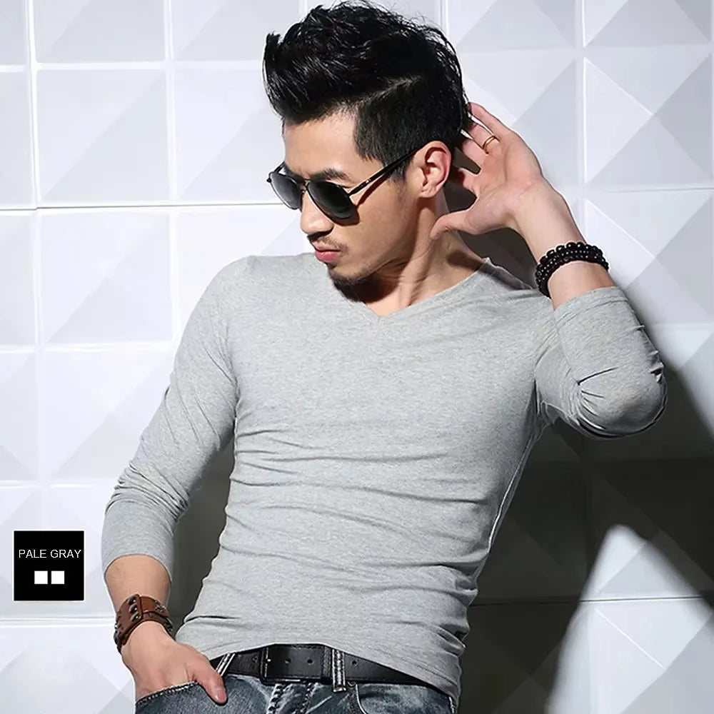 Men's Long Sleeve V Neck T Shirt 2026 MRMT Men T-shirt Slim Solid Tight Man T Shirt Tops Tees Clothing