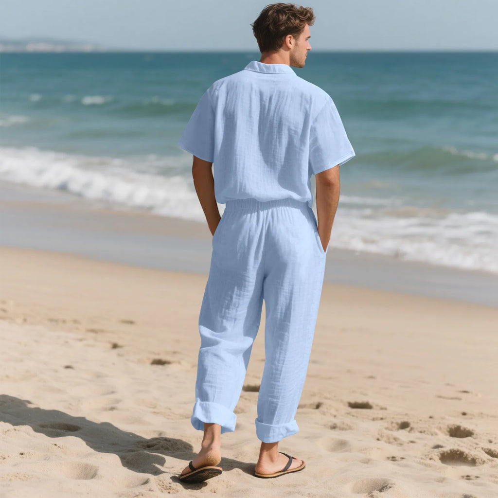 The 2025 Summer Beach Men's linen short-sleeved shirt set is a two-piece long pants set suitable fordaily casual beach vacations