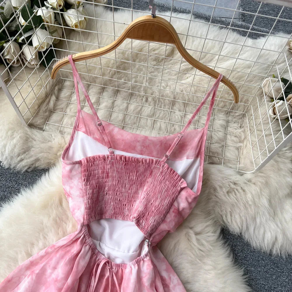 SINGREINY Women Floral Spaghetti Strap Dress Elastic Ruched Sexy Hollow Backless Party Dress Summer Boho Vacation Beach Sundress