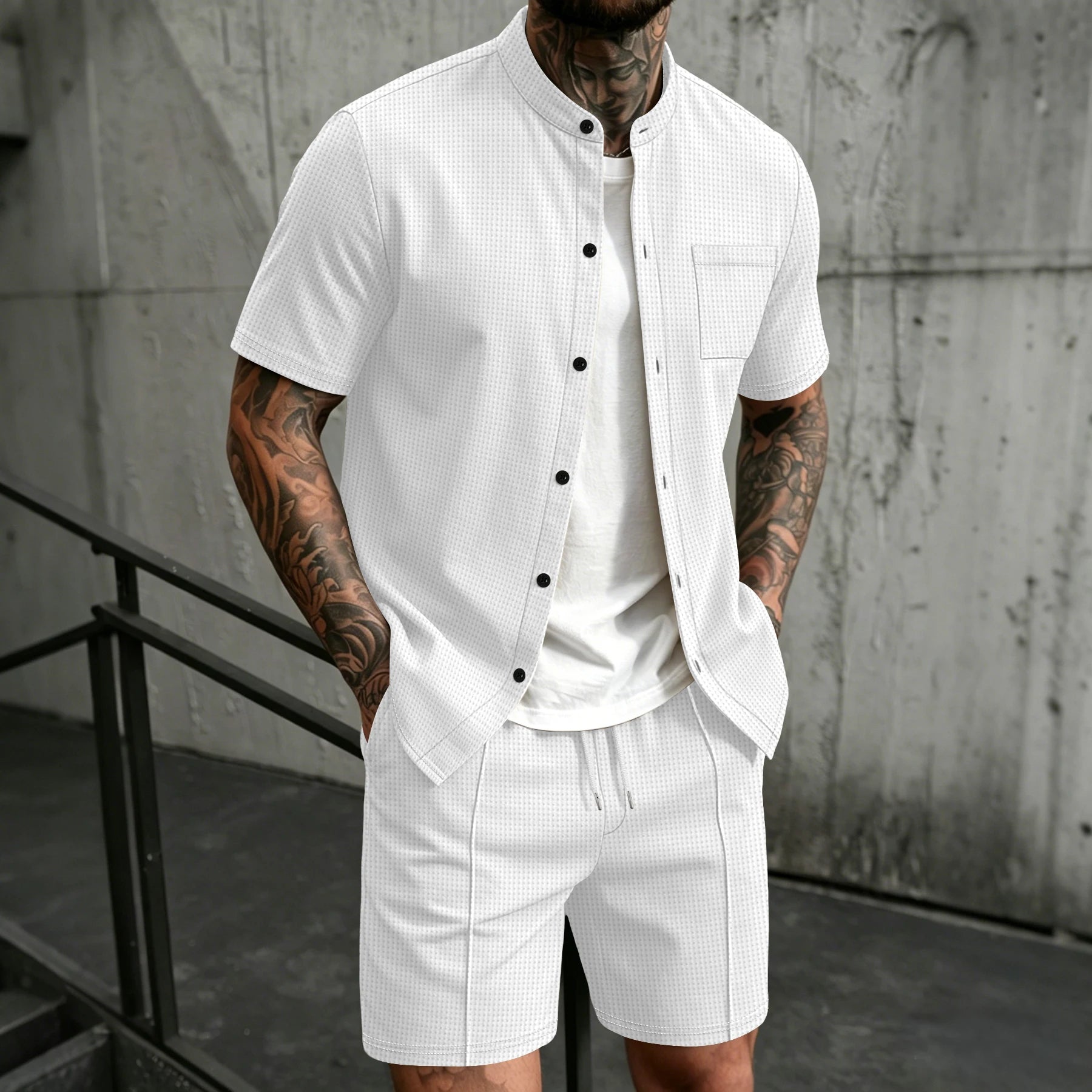 Men's 2 Piece Outfit, Stand Collar Short Sleeve Shirt with Chest Pocket and Drawstring Shorts, Casual Co Ord Set