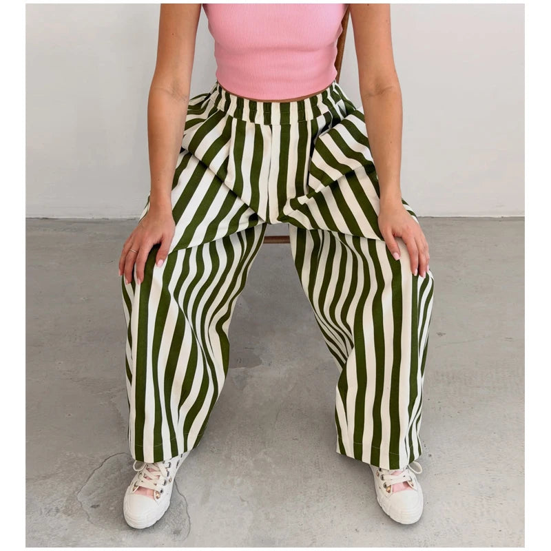 Red White Striped Balloon Pants Women's Elastic Waist Wide Leg Baggy Casual Trouser 2026 Summer New Streetwear Loose Fit Pants