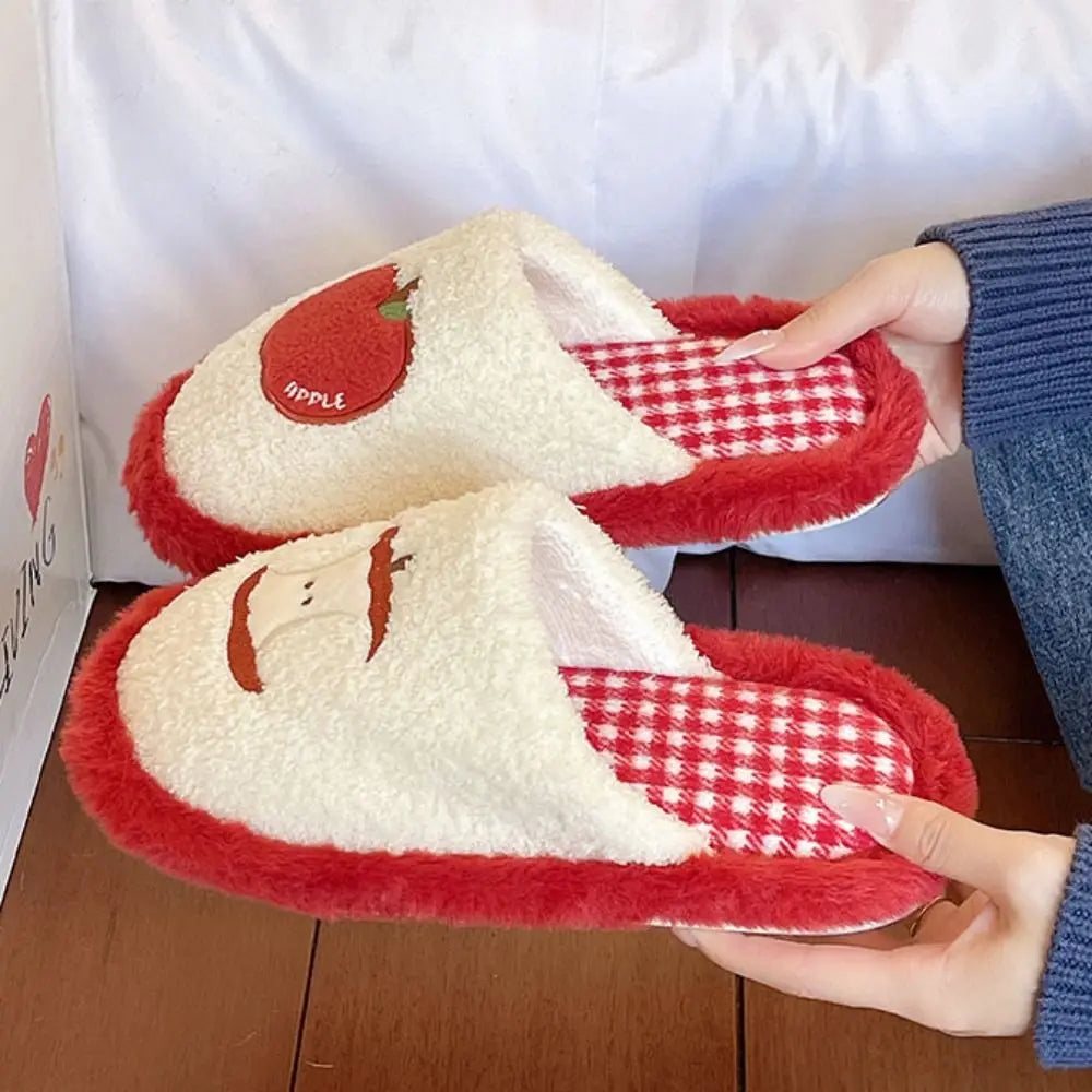 Fashion Grid Stripe Cute Plush Slippers Non-Slip Thick Sole Winter Slides Women Silent Casual Home Wear Shoes Women