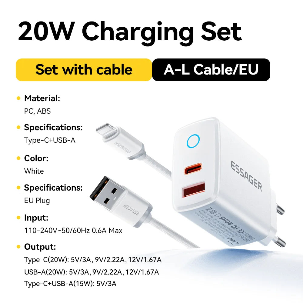 Essager 20W USB Type C Charger 3A PD Quick Charge With Type-C Lighting Micro Cable Fast Charging For iPhone 17 16 Xiaomi Huawei
