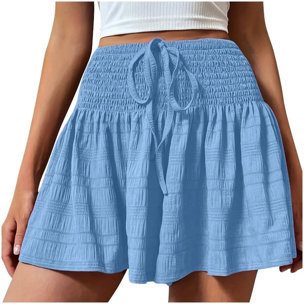 Solid Color Drawstring Women's Short Lace Up Loose Sports Shorts Skirt Summer Pleated Pajama Pants Summer