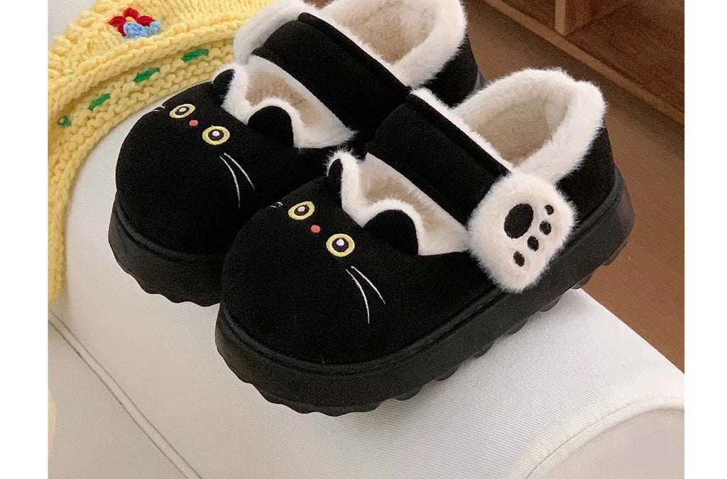 New fuzzy black cat shoes hook loop winter slippers for women indoor mary jane plush shoes mom shallow warm kitty slippers woman