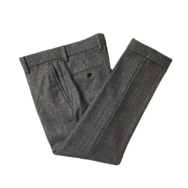 Autumn New Warm Wool Herringbone Casual Trousers British Retro Woolen Loose Straight Pants for Men