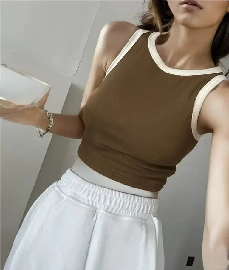 Spring Summer Color Block Sleeveless Vest Outerwear Pure Color Strap Innerwear Sports Top Base Shirt Beautiful Wrap Chest Women