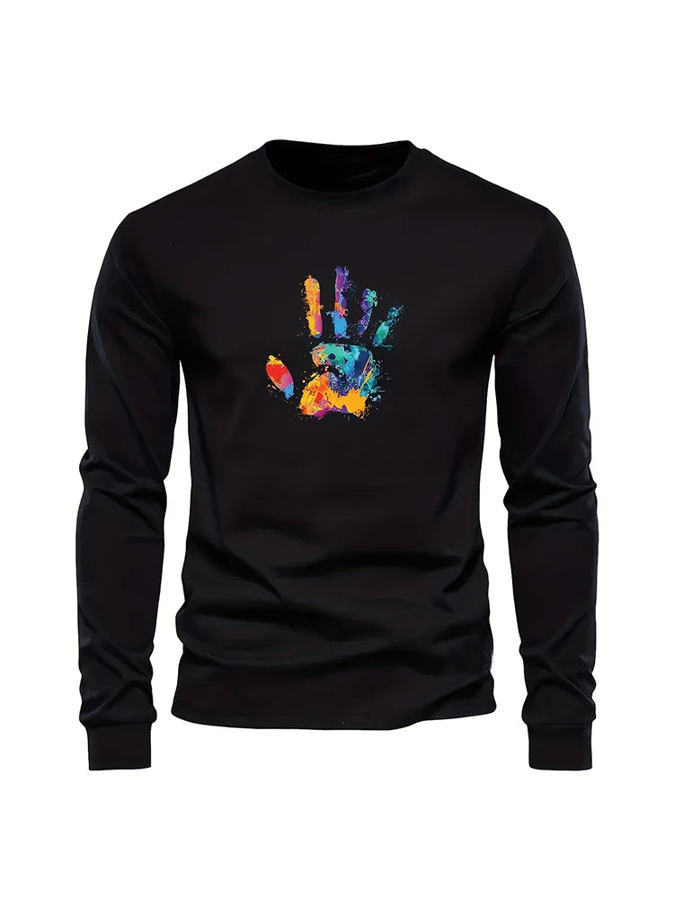 Simple Smiley Face Printed Men's Fashion Long-sleeve Round Neck T-shirt Autumn and Spring Season Mens Home Leisure Plus Size Top