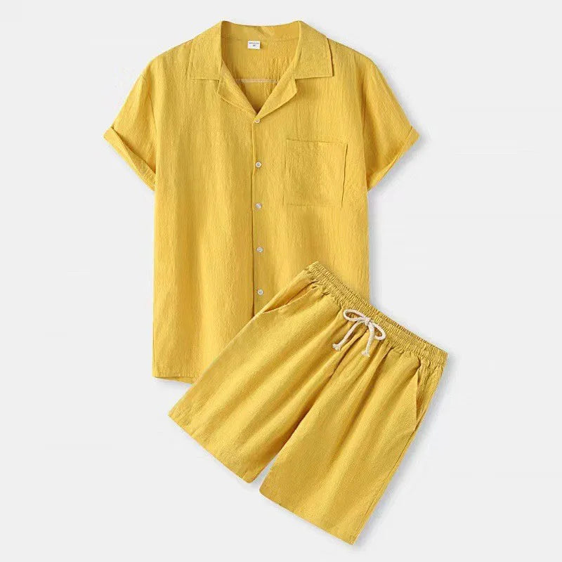 2025 New Summer Cotton Shorts Sets Men Lapel Short Sleeve Shirts Shorts 2-piece Set Men's Casual Sportswear Suit Solid Loose