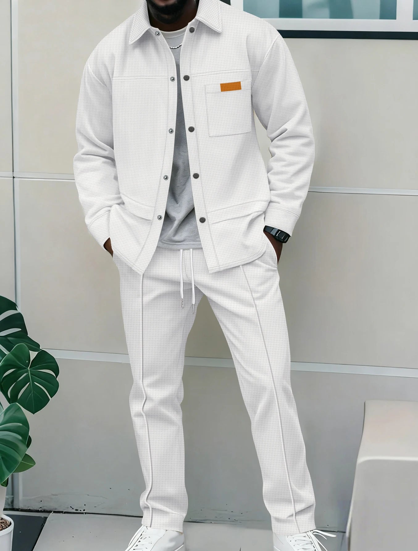 2026 New Men's Casual 2 Piece Tracksuit Fall Waffle Knit Solid Color Lapel Collar Button Jacket with Pockets Long Pants Set