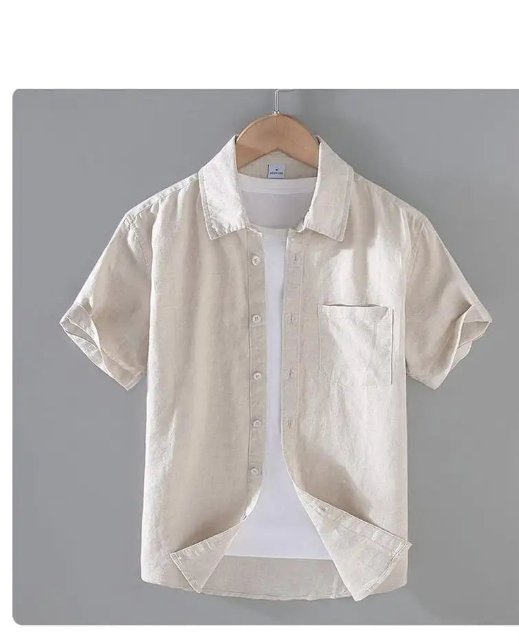 Men's Cotton Linen Short-Sleeved Shirt Summer Streetwear Plain Color Stand Collar Casual Beach Style plus Size M-3XL