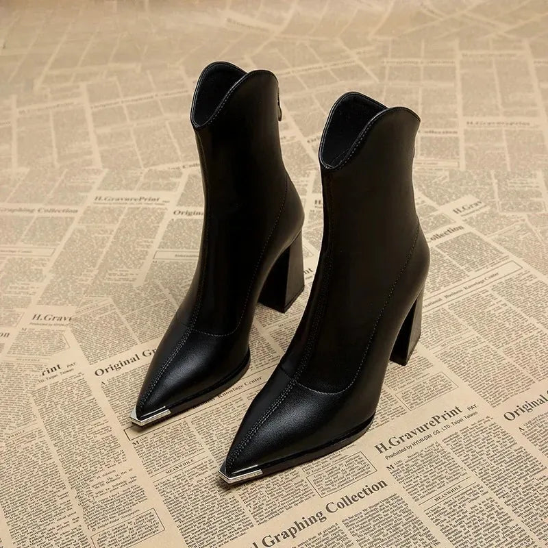 Pointed Toe Women's Ankle Boots Fashion Back Zippers Short Botas Ladies Elegant Square High Heel Winter Women's Footwear