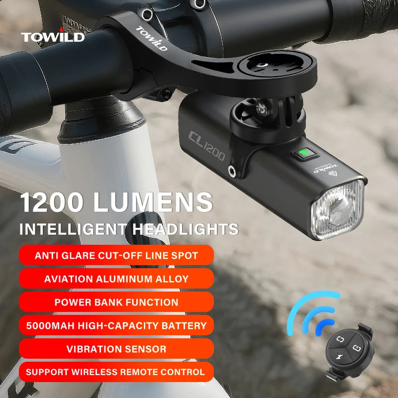 TOWILD CL1200 Smart Bike light Remote Control Bicycle Lights 5000mAh battery Type-C Rechargeable Road MTB IPX6 Bicycle headlight