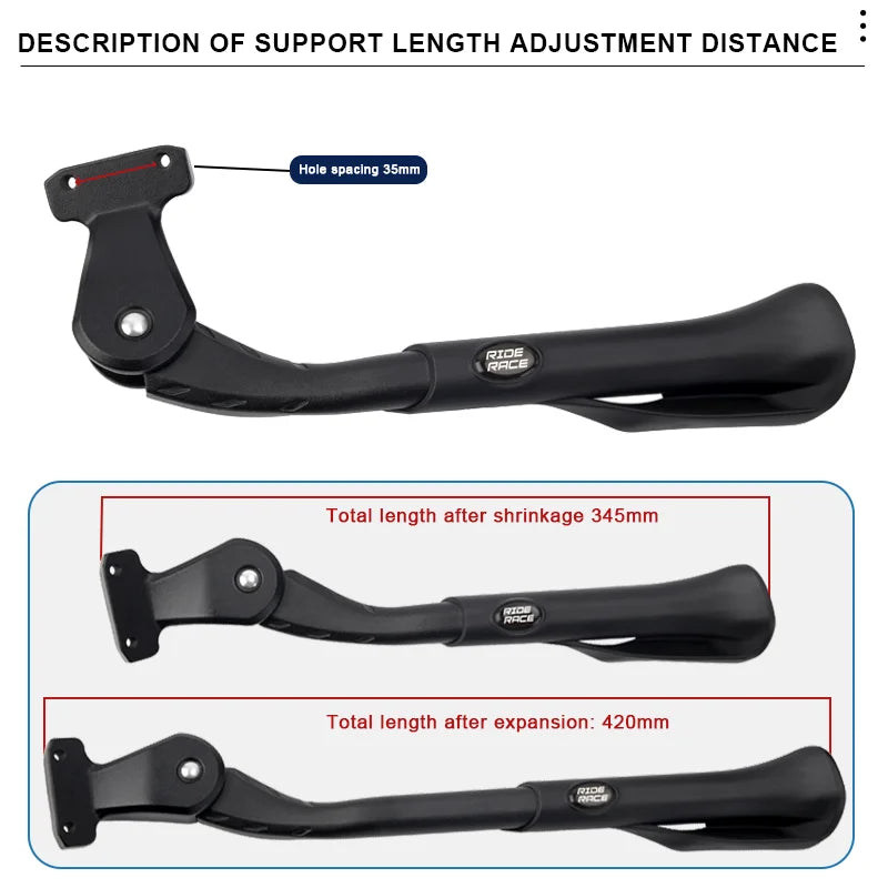 RIDERACE Bicycle Kickstand Adjustable Aluminum 24-29 Inch Mountain Bike Stay Side Rear Parking Rack Road Cycling Side Footrest
