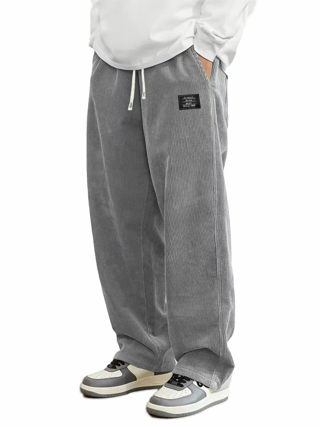Men'S Corduroy Straight Leg Pants with Drawstring Waist,  Pockets, and Logo Design - Stretchy, Casual Fit for Everyday Wear
