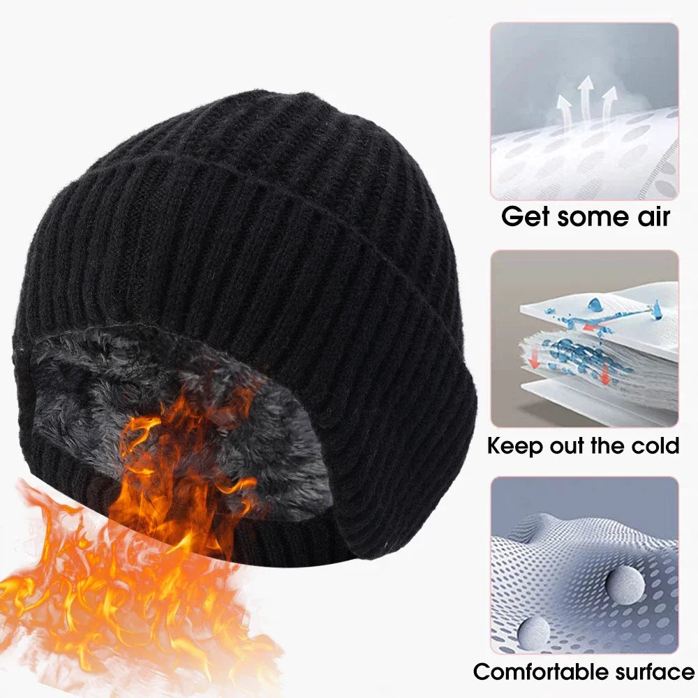 2pcs Winter Cycling Fleece Hats Knitted Plush Warm Outdoor Sports Cap Scarf for Women Men Hat Windproof Ski Ear Protection Gift