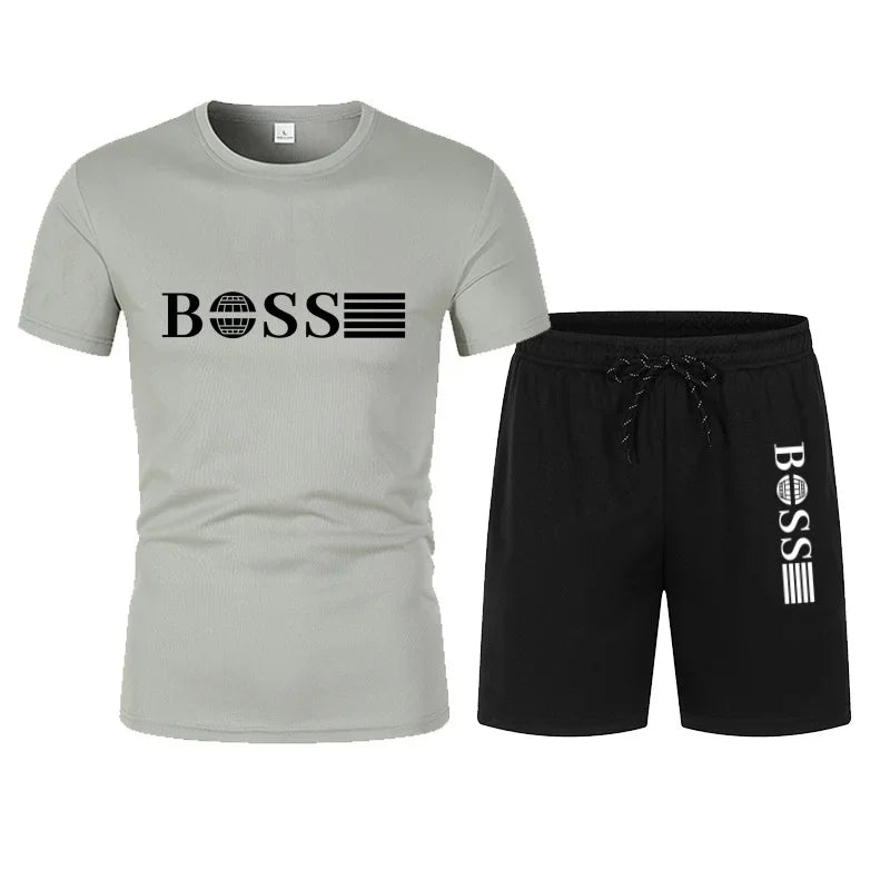 Spring and Summer New Two-piece Men's Running T-shirt and Short Casual Elastic Round Neck Sports Suit Comfortable Quick Drying