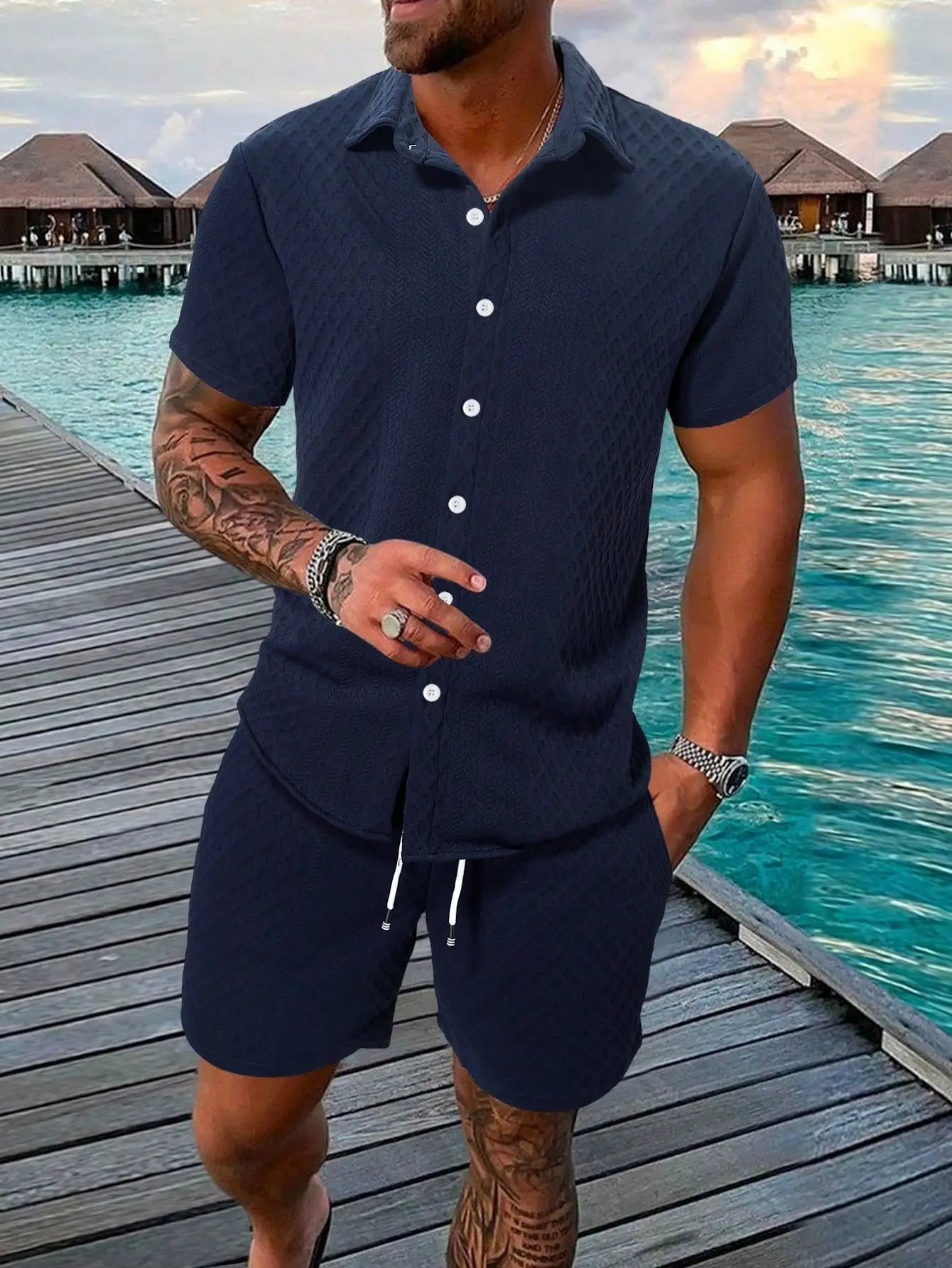 Men's Textured Short Sleeve Shirt & Shorts Set | Casual Two-Piece Outfit | Lightweight Summer Streetwear