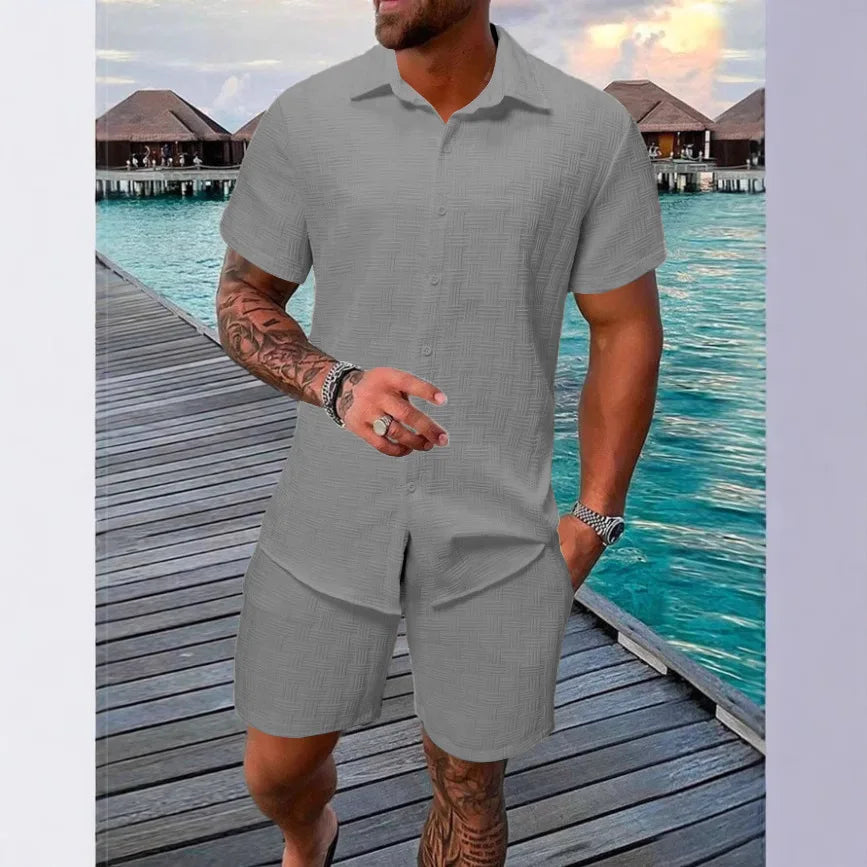Summer Solid color Cotton linen Men's Shirt Set Fashion lapel Jacquard Short-sleeved Shirt Shorts 2 Piece Set Men's Shorts Suit
