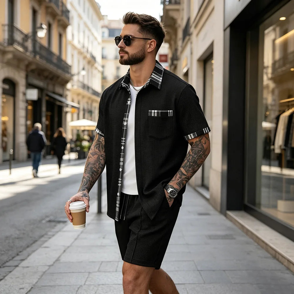 Summer New Waffle Set, Men's Plaid Spliced Short-Sleeve Shirt & Shorts, Casual Two-Piece Outfit F156D