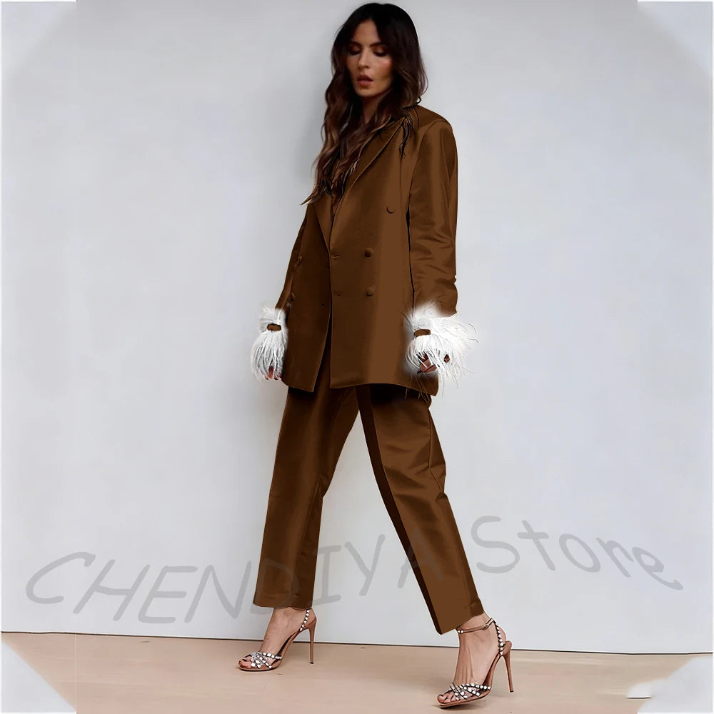 Luxury Feather Women's Suit Classic Design Double Breasted Ankle Length Elegant Outfit Two Pieces Formal Party Female Set