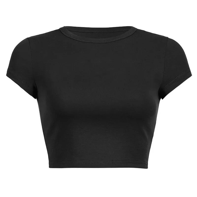 Summer Casual Short Sleeve Basic O Neck Solid Color Cropped Navel Women Crop Tops Soft Bodycon Fashion Tees Blouse