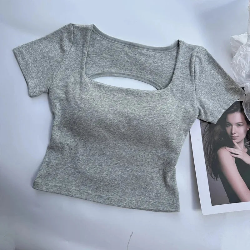T-shirt Woman Clothing Square Neckline Tops Short Sleeve Crop Top with Bras for Women Girls Sexy Street Wear Backless Top Tees