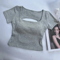 T-shirt Woman Clothing Square Neckline Tops Short Sleeve Crop Top with Bras for Women Girls Sexy Street Wear Backless Top Tees