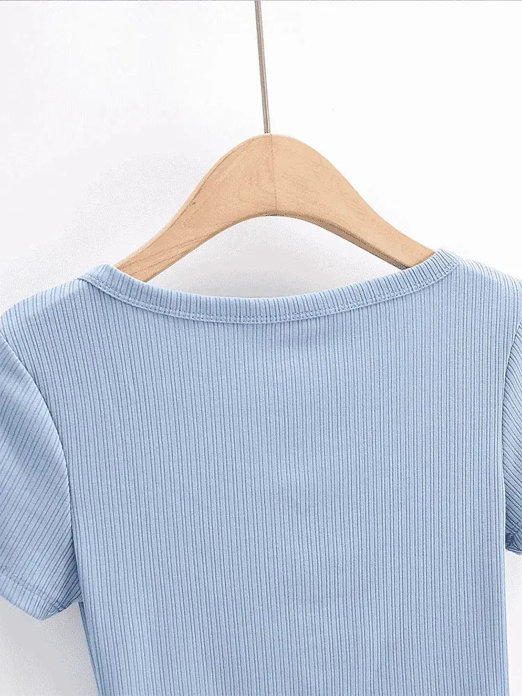 Women Rib Button Through Short Sleeve Top