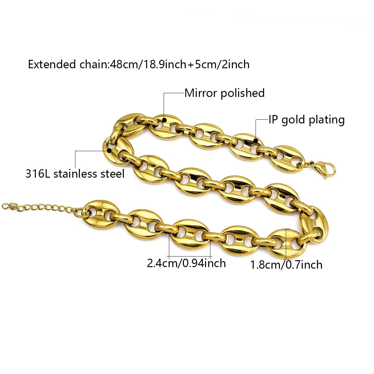 Fashion PVD 18K Gold Plating Chain Necklaces for Men Women New Stainless Steel Coffee Bean Link Necklace Punk Jewelry