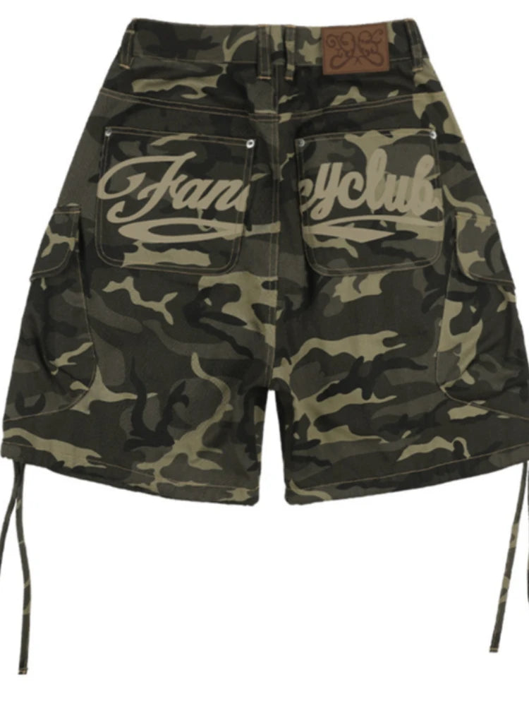 Women's Techwear Camo Cargo Shorts Streetwear High Waist Loose Multi-Pocket Zipper Drawstring Casual Harajuku Summer Bottoms