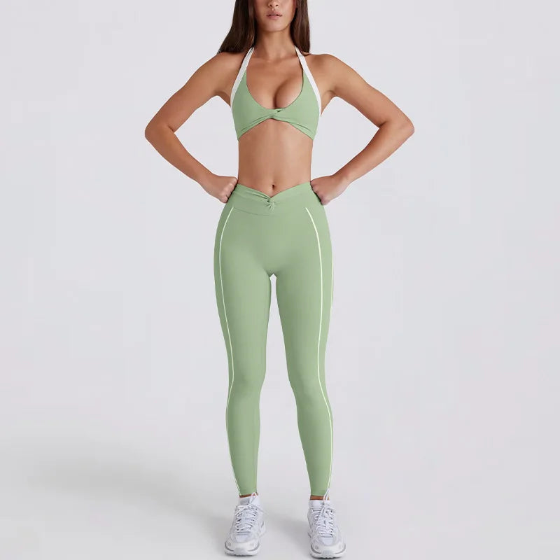 Women Yoga Suit Color Block Twist Yoga Shorts Leggings Tank Top Sports Bra 2Pcs Tracksuit Fitness Running Gym Workout Sportswear