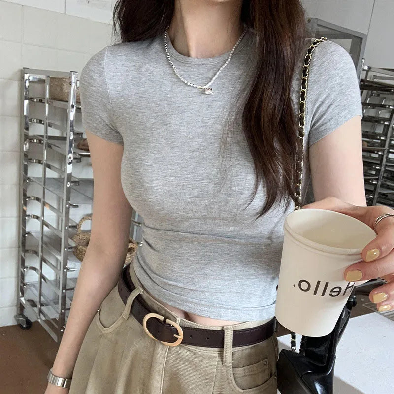 American style spicy girl shoulder T-shirt for women in summer 2025, tight fitting and slimming short top, basic elastic short s